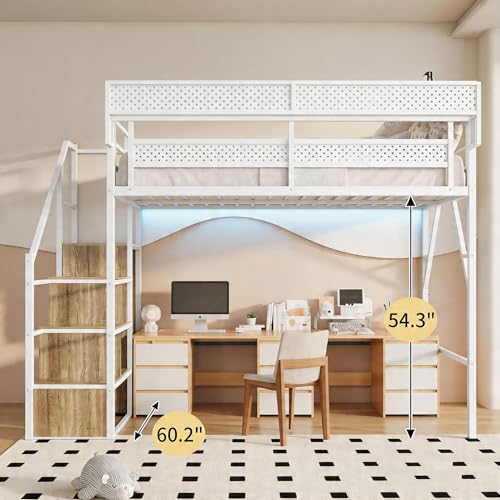 Image of Full Size Metal Loft Bed with Storage Stairs, Wardrobe & Charging Station