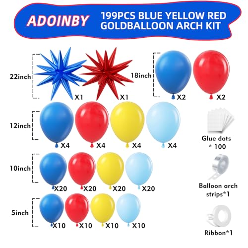 Image of Blue Red Yellow Balloon Arch Kit, Assorted Colorful 18 12 10 5 Inch, Different Sizes Party Balloon Garland Kit for Baby Shower, Birthday, Gender Reveal, Anniversary, Easter, Prom Decoration