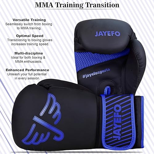 Jayefo Glorious Professional Boxing Gloves with Gel - Leather Sparring Gloves for Boxing, Kick Boxing, Muay Thai and MMA - Heavy Bag Gloves for Heavy Boxing Punching Bag - 12 OZ - Blue