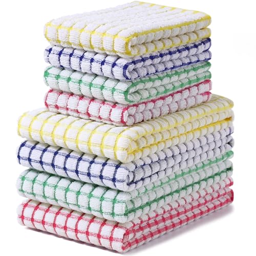 Homaxy Kitchen Towels and Dishcloths Set, 16 x 25 and 12 x 12 Inches, Set of 8 Cotton Terry Kitchen Dish Towels, Super Soft and Absorbent Dish Cloths, Blue/Yellow/Red/Green