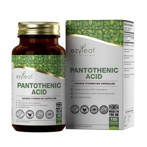 EZ Pantothenic Acid Supplement | 150 High Strength Vitamin B5 Capsules - 500mg Pantothenic B5 per Serving | Pantothenic B5 Acid | Non-GMO, Gluten & Filler Free | Manufactured in The UK