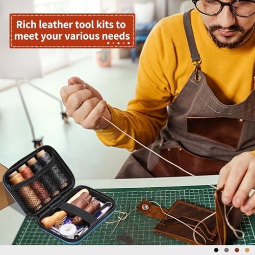 Image of Leather Sewing Kit, Leather Stitching Kit with Sewing Awl, Needles, Waxed Thread, Upholstery Repair Kit, Heavy Duty Sewing Tools for Hand Stitching Car Seats, Sofa, Carpets, Shoes, DIY Craft