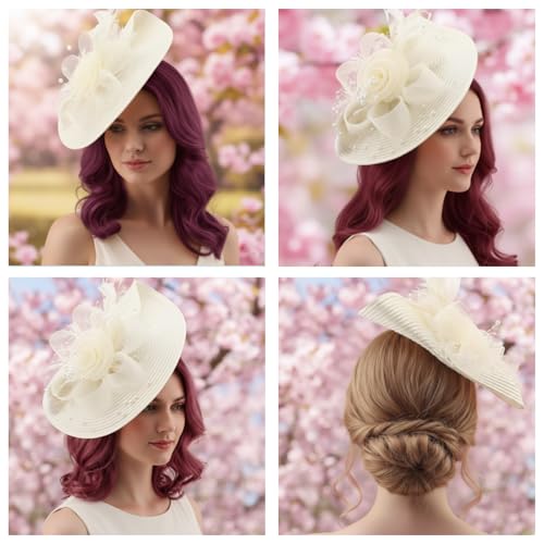 MmotZsb Fascinator Hut Damen, Mesh Damen Blume Mit Perle Feder, Elegante Kopfbedeckung Für Hochzeiten, Vintage-Partys Und Pferderennen, Perfekt Für Braut Und Damens
