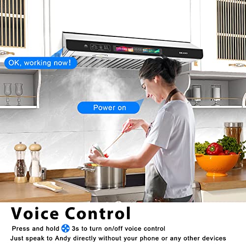 Brano Under Cabinet Range Hood 36 Inch With Voice Control, 900 Cfm Kitchen Hood Ducted Brushed Stainless Steel Vent Hood With Led Lights, Touch Control, Gesture Sensing Touchless Control, 4-Speed Fan #TOP2