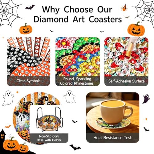 8Pcs Halloween Diamond Art Coasters Kit with Holder 4x4in — view 5