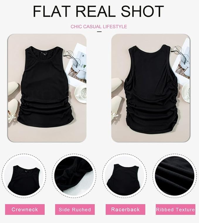 Womens Tank Tops Summer Sleeveless High Neck Ribbed Knit Slim Fitted Blouse Side Ruched Basic Tees Shirts image 5