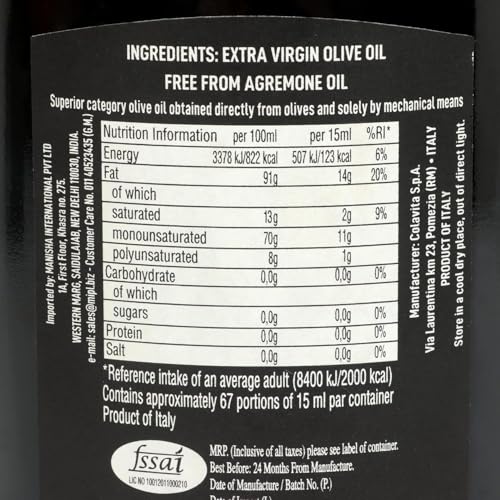 Image of Colavita Extra Virgin Olive Oil (500ml) | Cold Pressed Oil from Italian grown Olives | Premium Olive Oil for Cooking, Dips and Marinades | Timeless Bottle Pack