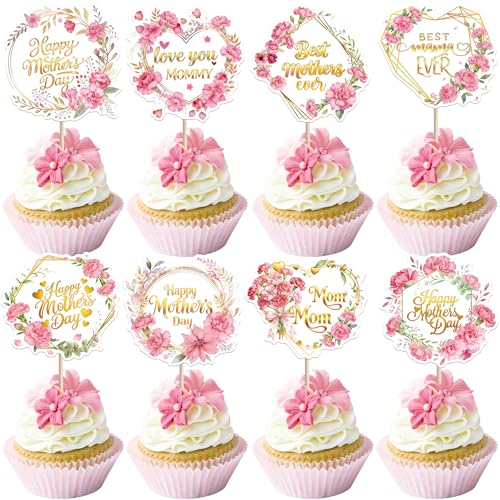 40 Pack Happy Mother's Day Cupcake Toppers Double Sided I Love You Mom Cupcake Picks Best Mom Decoration for Mother's Day Theme Birthday Party Cake Decorations Supplies