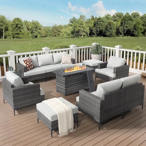 10 Pieces Patio Furniture Set with 44" Propane Fire Pit Table, 60...