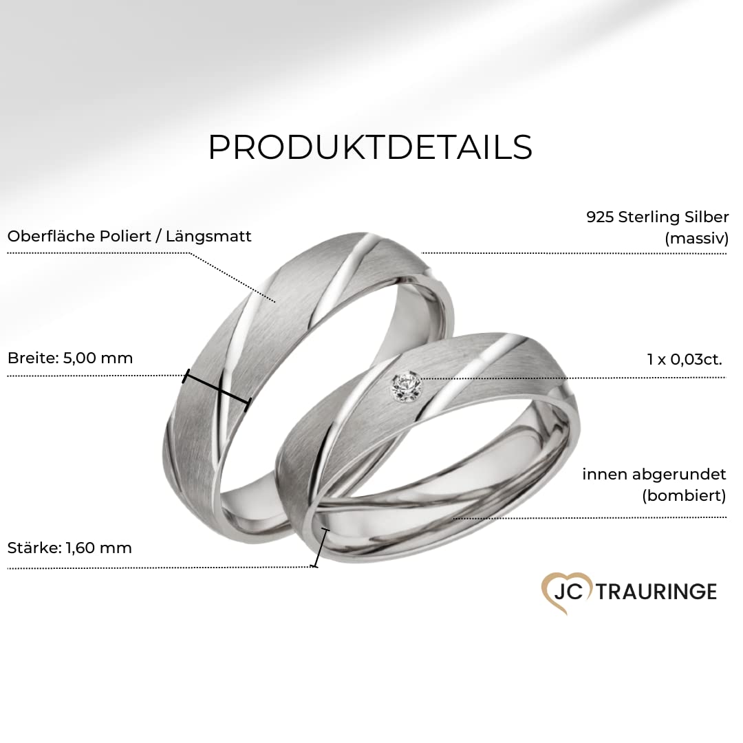 JC Trauringe 925er Sterling Silber Paar-Preis I Eheringe mit kostenfreier Gravur I Partnerringe 5mm breit inkl. Etui I Herren-Ring ohne & Damen-Ring mit Zirkonia-Stein I Größe 48 bis 72 I A05