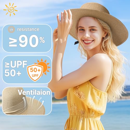 Image of Beach Sun Hats for Women, Straw Hat for Women, Womens Sun Hat UPF 50+ UV Protection, Summer Hats Packable Foldable
