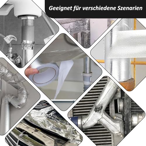 Foonary Hitzeschutzband Auspuff, Selbstklebend Klebeband Aluminiumband Hitzebeständig Hitzeschutzbands 20M x 5cm Auspuffband Selbstklebend mit 20 Kabelbinder hitzeschutzband für Auto Motorrad Krümmer