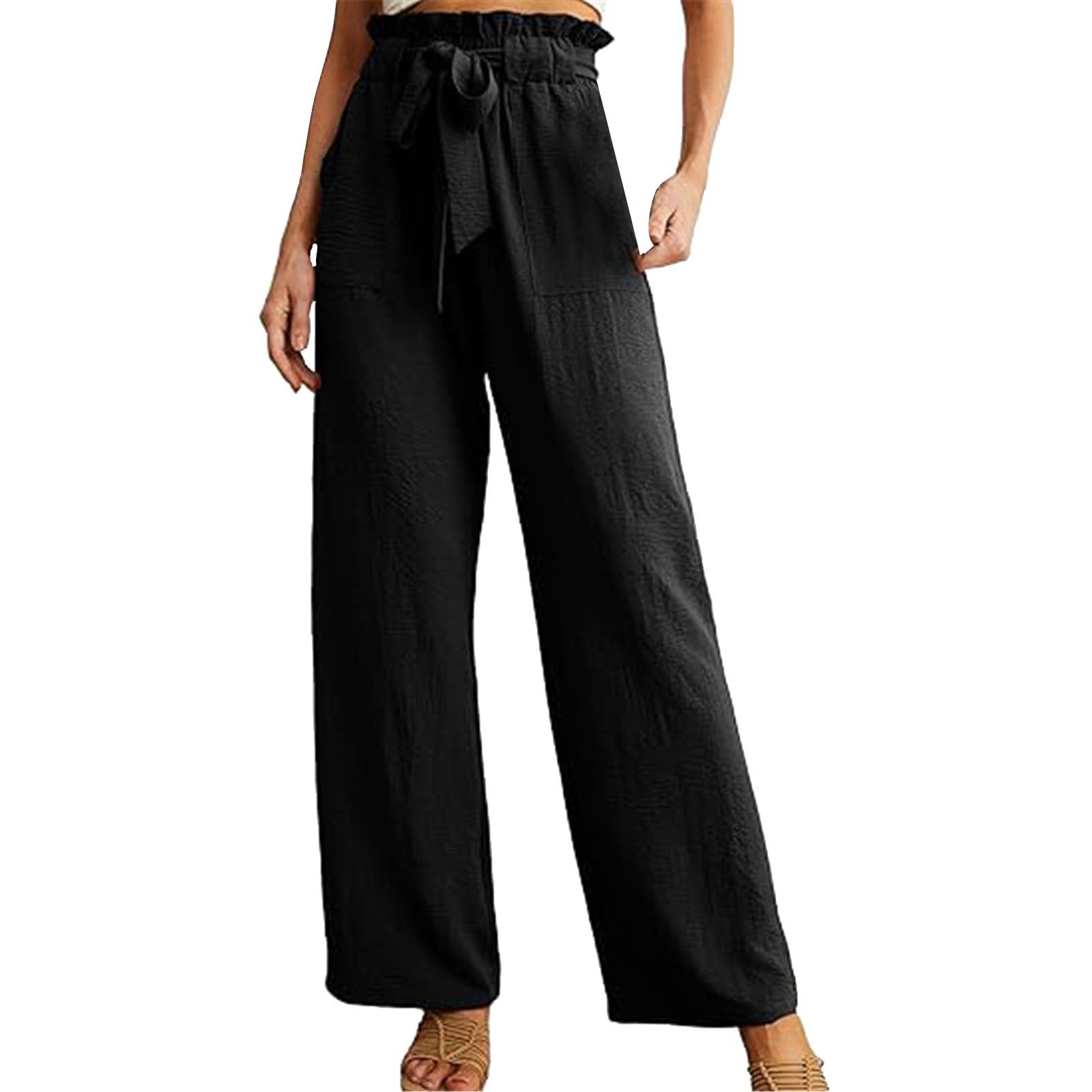 Generic Women Casual Wide Leg Pants High Waisted Tied Belt Business Work Casual Pants Loose Flowy Baggy Summer