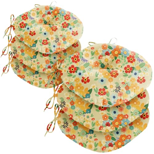 Round Outdoor Chair Cushions 15 inch, Waterproof Bistro Chair Pads Replacement with Ties, Round Cushions for Patio Chairs, Seat Cushions for Kitchen Chairs Furniture in Garden Dining,Set of 6 (Daisy)