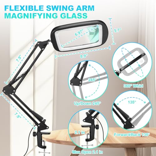 10X 30X Extra Large Magnifying Glass with Light and Clamp, Rectangle Hands Free Magnifier with 5 Color Modes, Adjustable LED Lighted Magnifying Desk Lamp for Reading Close Work Craft Painting (Black)