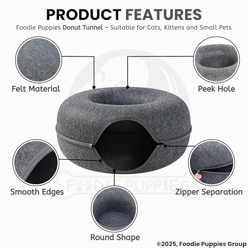 Image of Foodie Puppies Interactive Cats Removable Cave Tunnel with Zipper (Dark Grey, Donut-Shape Tunnel) | Detachable & Spacious Play and Rest Hideout Puzzle Training Cave for Cat, Kitten and Small Animals