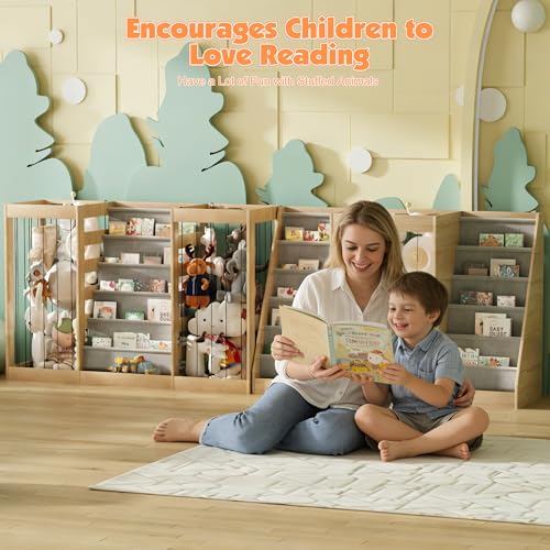 NACHES Montessori Kids Bookshelf with Enclosed Toy Storage, Dual Mesh Stuffed Animal Organizer Bins, Front-Facing Toddler Book Display Shelf, Multi-Purpose Storage Unit for Playroom (Natural Wood) - Image 4