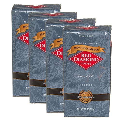 Red Diamond Ground Coffee, 100% Colombian, Medium Roast, Premium Arabica Beans, Hearty & Full Flavor, 11 Ounce Resealable Bags (4 Pack) #TOP7