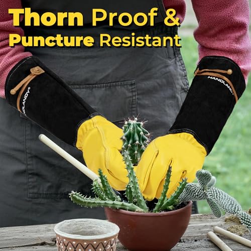 Image of HANDLANDY Rose Pruning Gloves for Men Women, Thorn Proof Gardening Gloves | Long Leather Gardening Gloves, Breathable Leather Gauntlet, Best Garden Gifts & Tools for Gardener (Mustard Yellow, M)