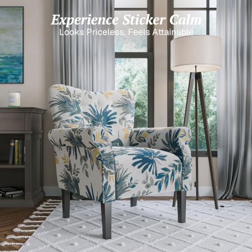 Image of BELLEZE Modern Accent Chair, High Back Armchair, Upholstered Wingback Side Chair, Padded Single Sofa with Wooden Legs for Living Room, Bedroom - Green Blue Floral