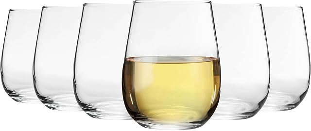 Argon Tableware 6x 360ml Stemless Wine Glasses Set - 'Corto' Range - Modern Style Picnic & Party Glass Tumblers for Red, White & Rose Wine