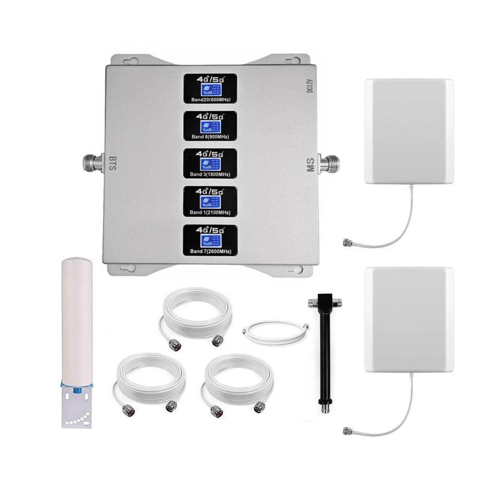 Amplificateur 4G Repeteur 4G Amplificateur Reseau Mobile 5 Bandes, 1 à 2 | Améliorez 2G/3G/4G/partie 5G, Deux Antennes D'intérieur