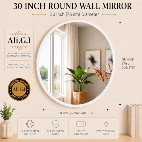 Image of Round Wall Mirror in Gold I Metal Frame Mirror I Modern Design Metal Frame Mirror in Medium Size I Bathroom Wash Basin, Bedroom, Drawing Room (White 30 inch)