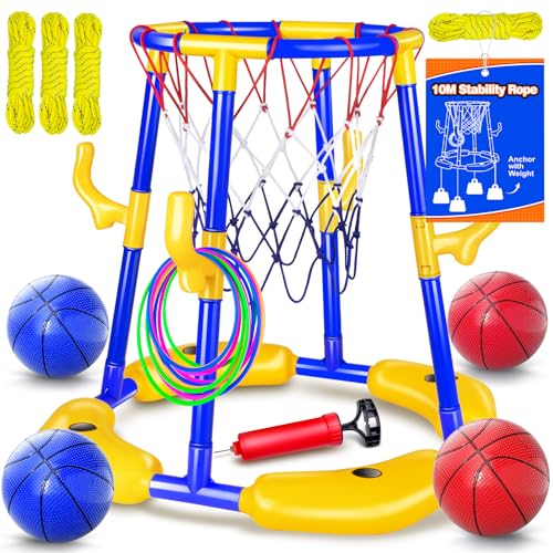 Doviden Pool Basketball Hoop Floating with Anti-Tip & Anti-Drift Design, Basketball & Ring Toss Pool Toys for Kids Ages 4-8, 8-12, Summer Outdoor Water Toys Pool Games for Adults and Family