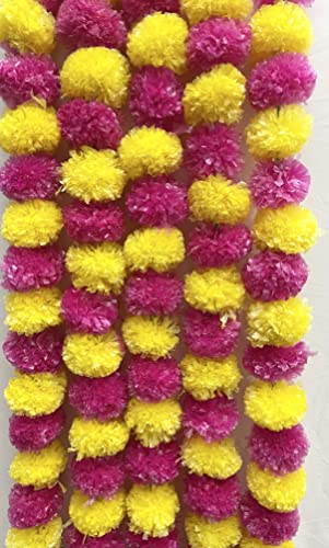Image of SPHINX Artificial Marigold Fluffy Flower Garlands (Yellow & Rani Pink, 5 Pieces)