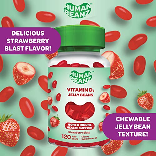 Human Beanz Vitamin D3 Jelly Bean Gummies For Adults, Immunity Support, 2000 Iu Vitamin D, Nutritional Vegetarian Supplements, 120 Strawberry Blast Jelly Beans, Kosher #TOP4