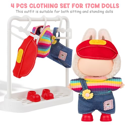 Clothes for Labubu 17cm Doll Clothes & Accessories - 4-Piece Outfit for Doll Clothing (No Doll) , Rainbow Shirt and One-Shoulder Overalls with Mini Shoes and Hat — view 3