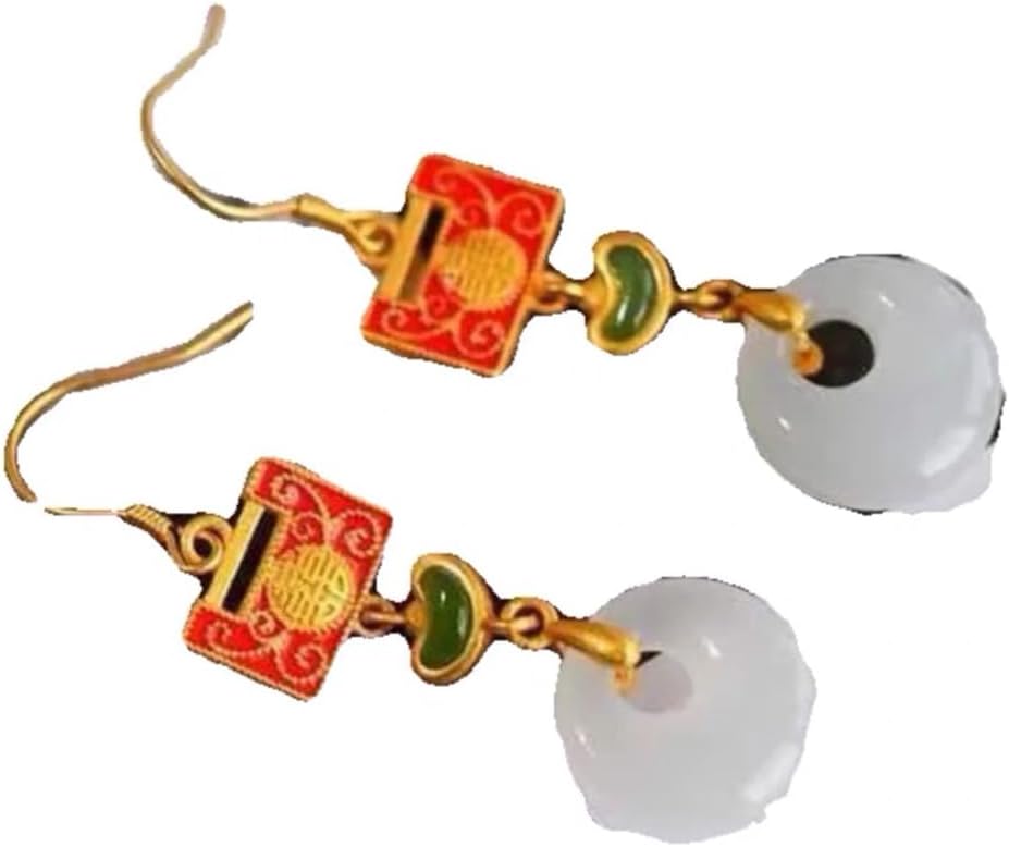 S925 Silver Gold-Plated Natural White Jade Peace Buckle Earrings for Women Yoga Genuine