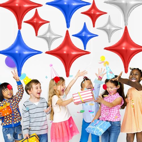 Image of Red Blue Silver Star Balloons,12Pcs Four Angle Star Foil Balloons
