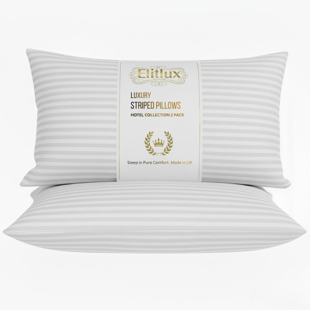 Elitlux White Hotel Quality Striped Pillows 2 Pack – Soft & Supportive Down Alternative Filling – Comfortable Firm Pillows For Side, Back & Stomach Sleepers – Machine Washable (White)