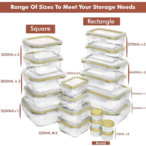 Image of Razab 35 Pc Set Glass Food Storage Containers with Lids - Meal Prep Airtight Bento Boxes BPA-Free 100% Leak Proof (15 lids,15 glass & 5 Plastic Sauce /Dip Containers)