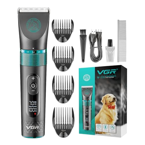 Image of VGR V-209 Professional Pet Clipper, Digital Display, 200min Runtime & 2000mAh Lithium Battery, Fully Waterproof (IPX7), Ceramic Blade,4 Cutting Combs,5000-7000RPM Zoom wheel, 2 Year Warranty, Black