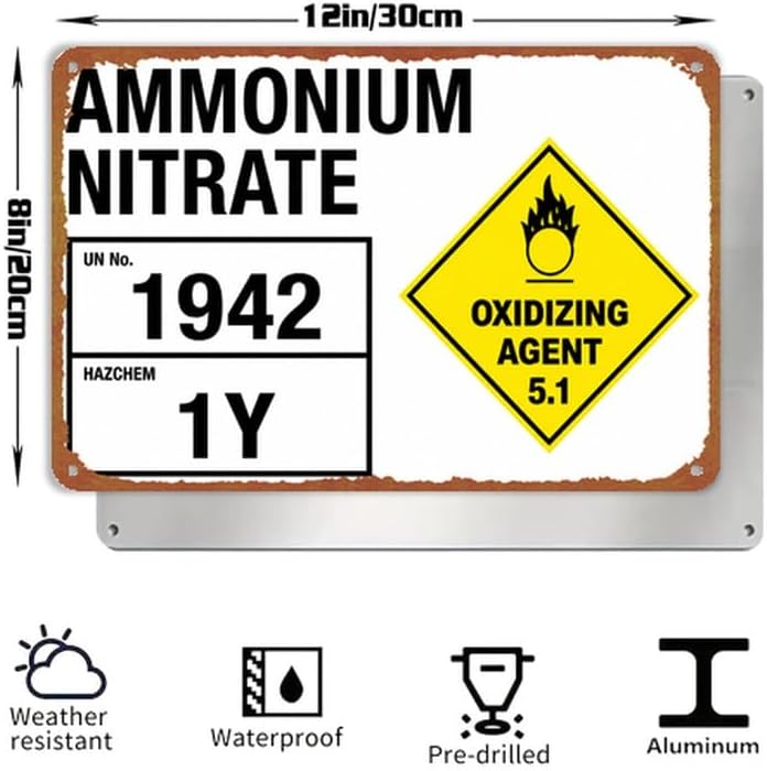 Interesting Metal Sign Ammonium Nitrate Warning Wall Decor 8x12 Inch image 3