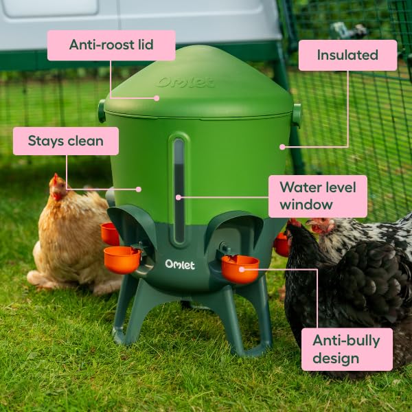 Image of Omlet Insulated Chicken Waterer, 3 Gallon | Stay-Clean Automatic Water Dispenser for Chickens | BPA-Free | Anti-Roost Domed Lid | Includes 5 Cups & Nipples | Eglu Green