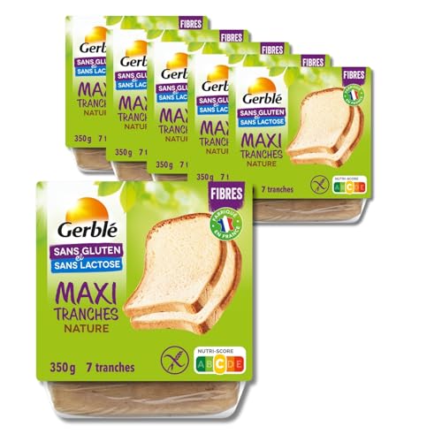 Gerblé Maxi Moelleux Nature Sans Gluten & Sans lactose, Lot de 6 Pains, Riche en fibres, Moelleux, 7 Tranches/Pain, 210217