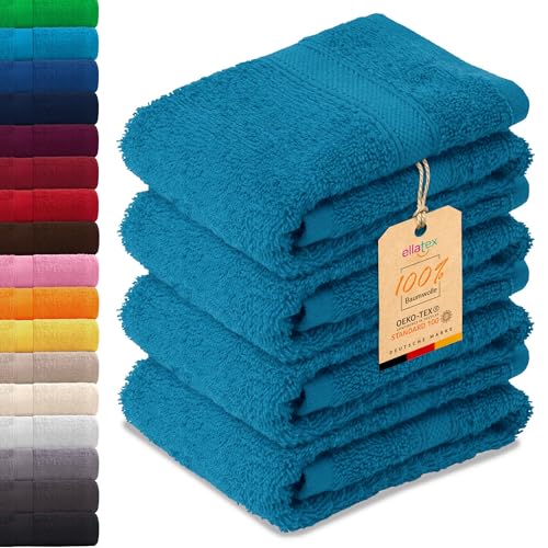 EllaTex Paris 4er Set Gästetücher 30x50 cm – 100% Baumwolle, 500 g/m² Frottier, flauschig, Farbe: Aquamarin