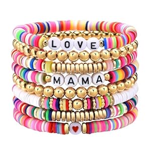Heishi Surfer Bracelet for Women, Stackable Elastic Bracelets Set Polymer Clay Colorful Beads Summer Beach Boho Stretch Little Words Project Bracelet Trendy St. Patrick’s Mother’s Day Jewelry Gifts