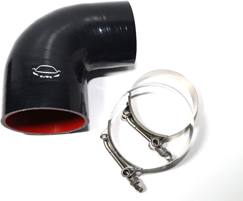 High Performance 4-Ply Reinforced 3"-3.5" ID 90 Degree Elbow Reducer Coupler Silicone Hose With SS 304 T Bolt Clamp for Turbo/Intercooler/Piping (3"-3.5" Black)