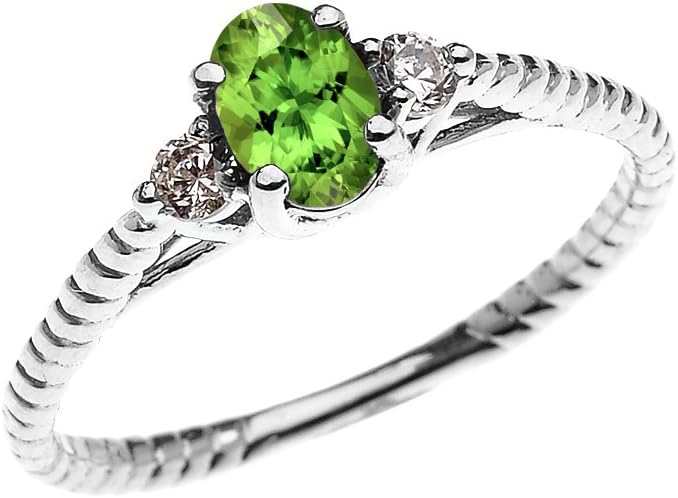 Fine 14k White Gold Dainty Peridot Solitaire Rope Design Engagement/Promise Ring
