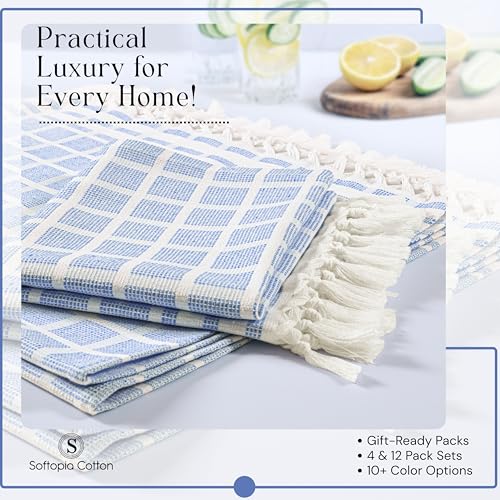 Image of Matrix Dobby Kitchen Towels 4 Pack, 100% Cotton, 16x26 Inches, Handmade Knotted Tassel Dish Towels, Quick Dry, Durable, Absorbent and Reusable Cleaning Cloths - Sky Blue, Natural