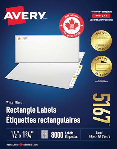 Avery White Rectangle Labels with Easy Peel for Laser/Inkjet Printers, 1-3/4" x 1/2", 8000 Labels, Permanent (5167) Made in Canada image 4