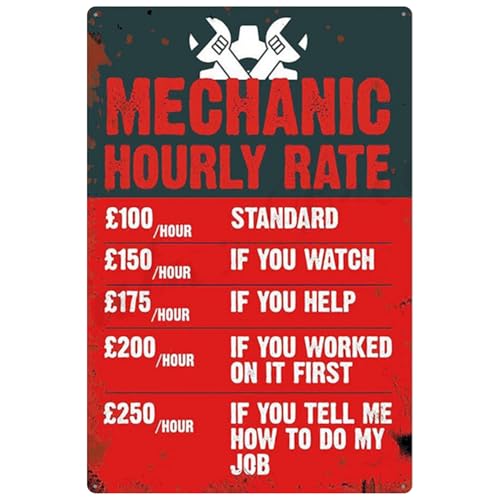 Funny Garage Sign Mechanic Gifts Hourly Rate Theme Retro Metal Posters Tin Sign/Plaque Gifts for Mechanics Novelty Gifts Funny Husband Gifts Garage Accessories Man Cave