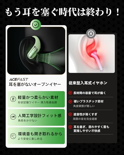 undefined 【iFデザイン賞殿堂入り!!】ACEFAST オープンイヤー イヤホン LED雰囲気呼吸ライト Bluetooth 5.4 完全ワイヤレス ランニング・スポーツイヤホン 軽量 耳を塞がない 急速充電 タイプC マイク付き ノイズキャンセリング通話 左右分離型 耳掛け 空気伝導 ACEFIT Pro グリーン の商品画像 5