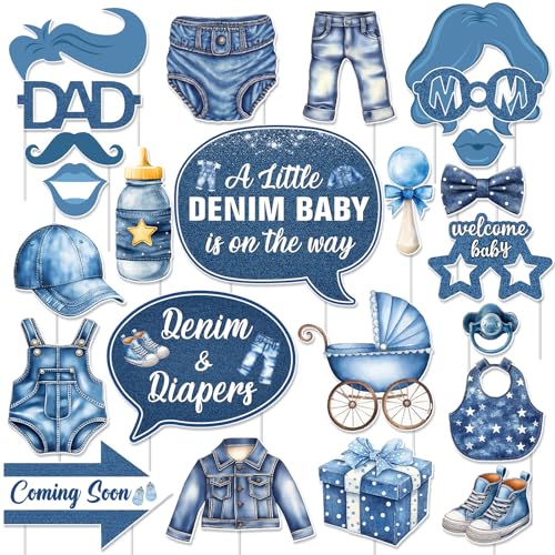 Jollyboom Denim Baby Shower Decorations, 24cps Blue Jean Photo Booth Props for Welcome a Little Denim Baby is On The Way Decorations Pregnancy Gift