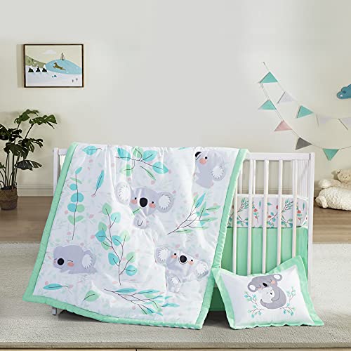 Image of Little Grape Land 4 Piece Crib Bedding Set, Crib Sheet, Crib Skirt, Baby Quilt and Pillow Cover, Nursery Bedding Set, Baby Comforter Set for Toddler, Kids, Boys and Girls, Green Koala