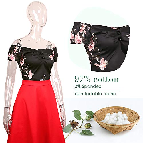 Image of YARN & INK Women's Rockabilly Tops 1950s Pinup Shirt Casual Off Shoulder Vintage Blouse